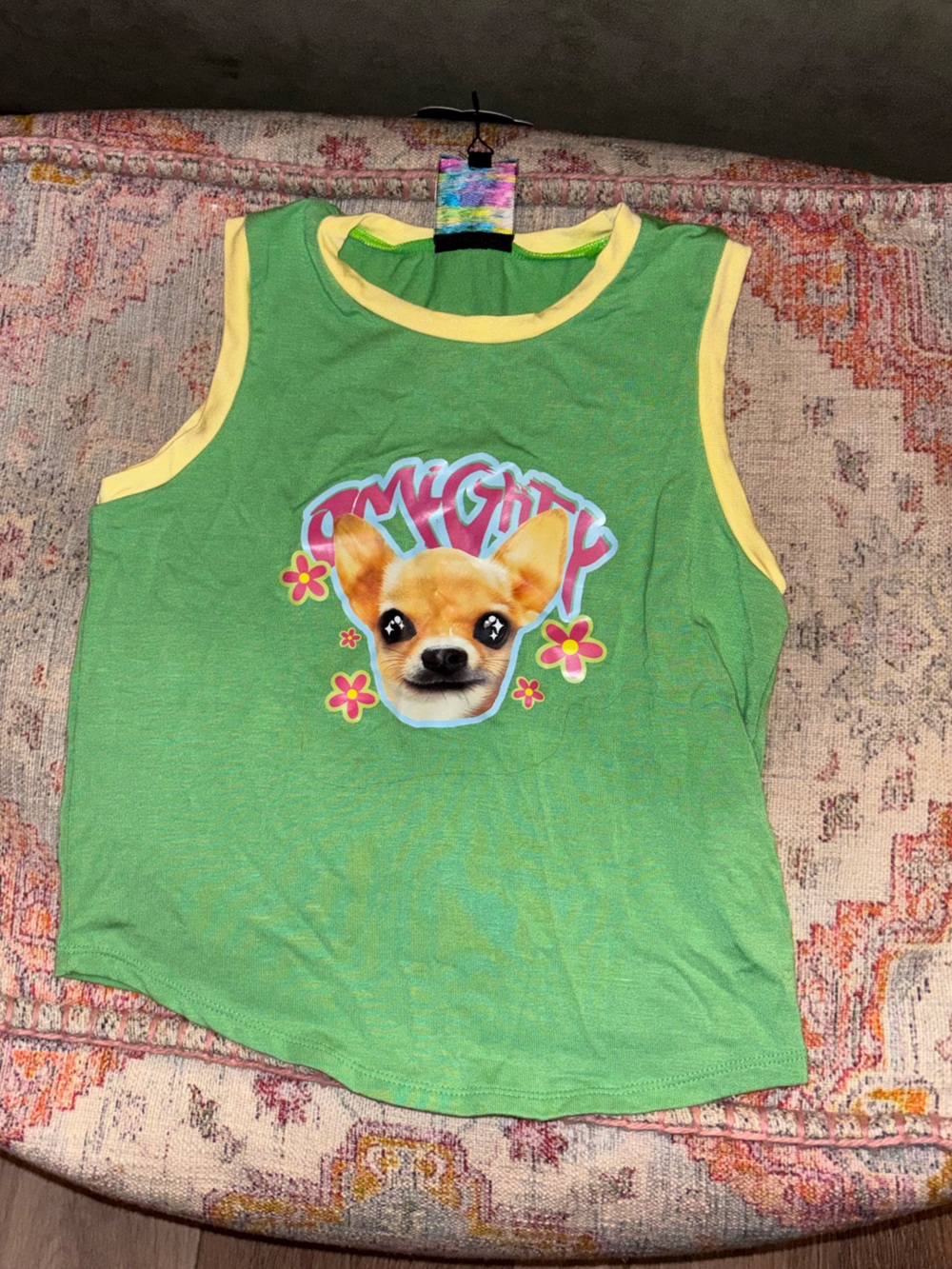 Omighty - Green Sleeveless Dog Graphic Tank with Yellow Trim